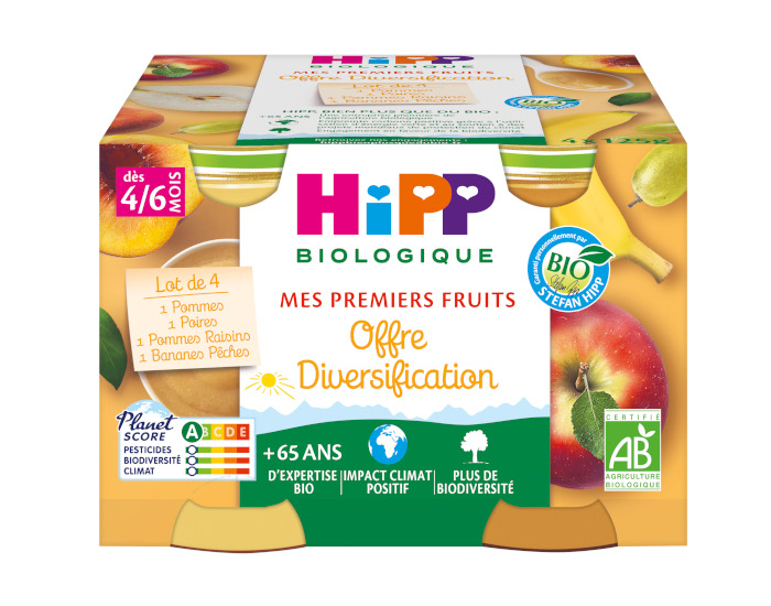 HIPP Mes Premiers Fruits - Pack Diversification - 4 x 125 g Pomme Poire Banane-Pche Pomme-Raisin