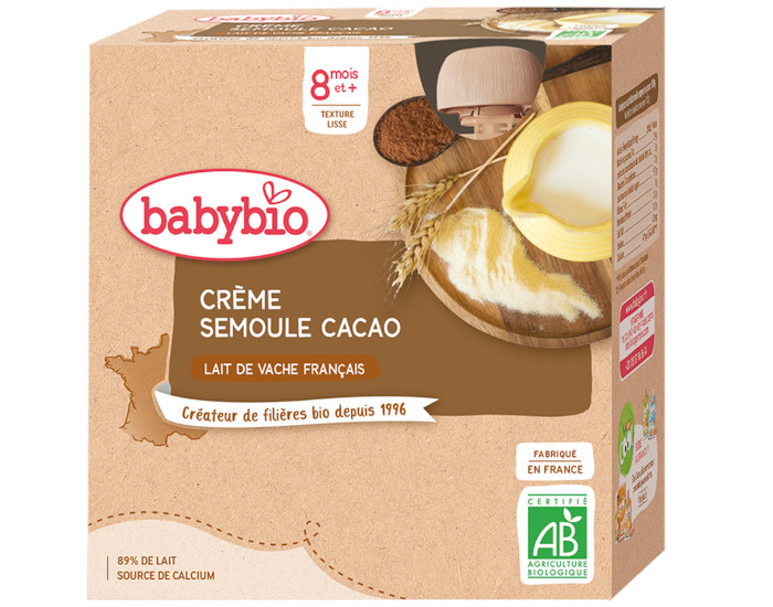 BABYBIO Gourdes Crme Semoule - Ds 6 ou 8 mois - 4x85 g Cacao