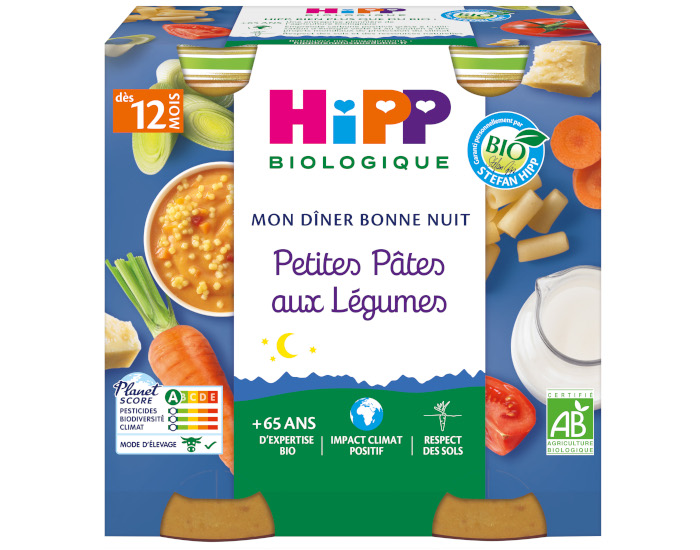 HIPP Mon Diner Bonne Nuit - 2 x 250 g Petites ptes aux lgumes - 12M