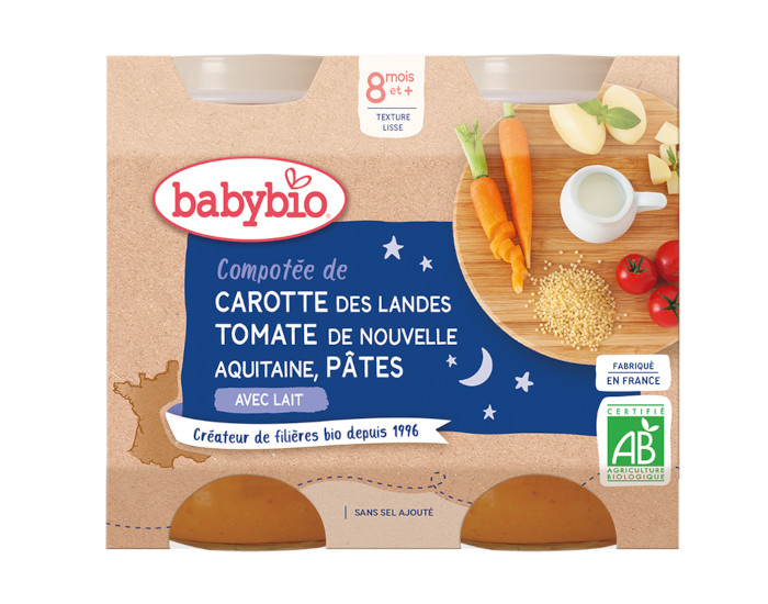 BABYBIO Petits Pots Menu du Jour - 2x200g - Ds 8 mois Compote de Carotte, Tomate & Ptes - 8 mois