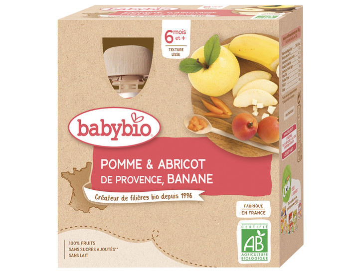 BABYBIO Gourdes - 4x90g - Ds 6 mois Pomme - Abricot - Banane