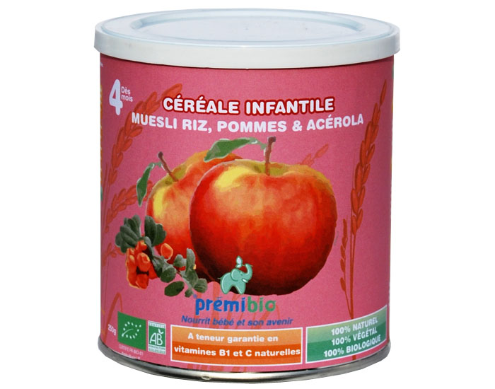PREMIBIO Crales pour Bb Riz Muesli, Pommes & Acrola - Ds 4 mois