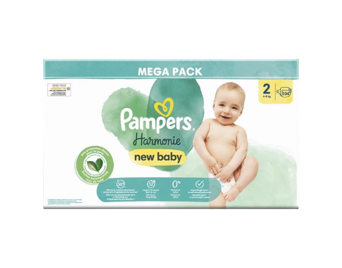 PAMPERS 104 Couches Harmonie - Taille 2 - 4  8kg  (1)