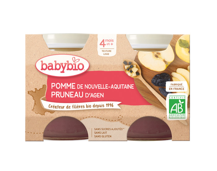 BABYBIO Mes Fruits - 2 x 130 g Pomme d'Aquitaine & Pruneau d'Agen - 4 mois