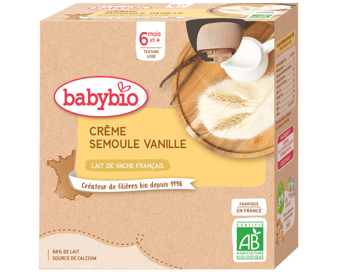 BABYBIO Gourdes Crme Semoule - Ds 6 ou 8 mois - 4x85 g Vanille