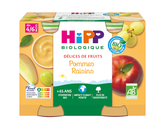 HIPP Dlices de Fruits - 2 x 190g Pommes - Raisins AA - 4 M