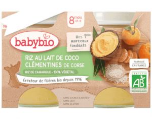 BABYBIO Petits Pots Brasss Vgtaux - 2 x 130 g - Ds 6 mois Riz au Lait de Coco Clmentines de Corse