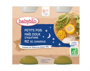BABYBIO Petits Pots Bonne Nuit - 2x200g - Ds 6 mois Petits Pois & Mas doux d'Aquitaine - Riz - 6 M